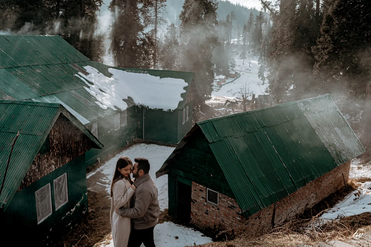 Destination pre wedding shoot charges - couple outside a mountain cottage, by Infinite Memories